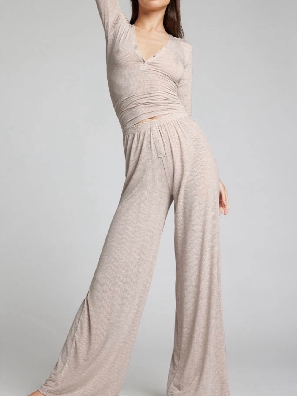 Negative Underwear Ribbed Wide-Leg Lounge Pants in Light Beige